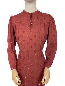 Original 1930's Long Sleeved Floppy Cotton Day Dress in Rust with Floral Print - Bust 34 36