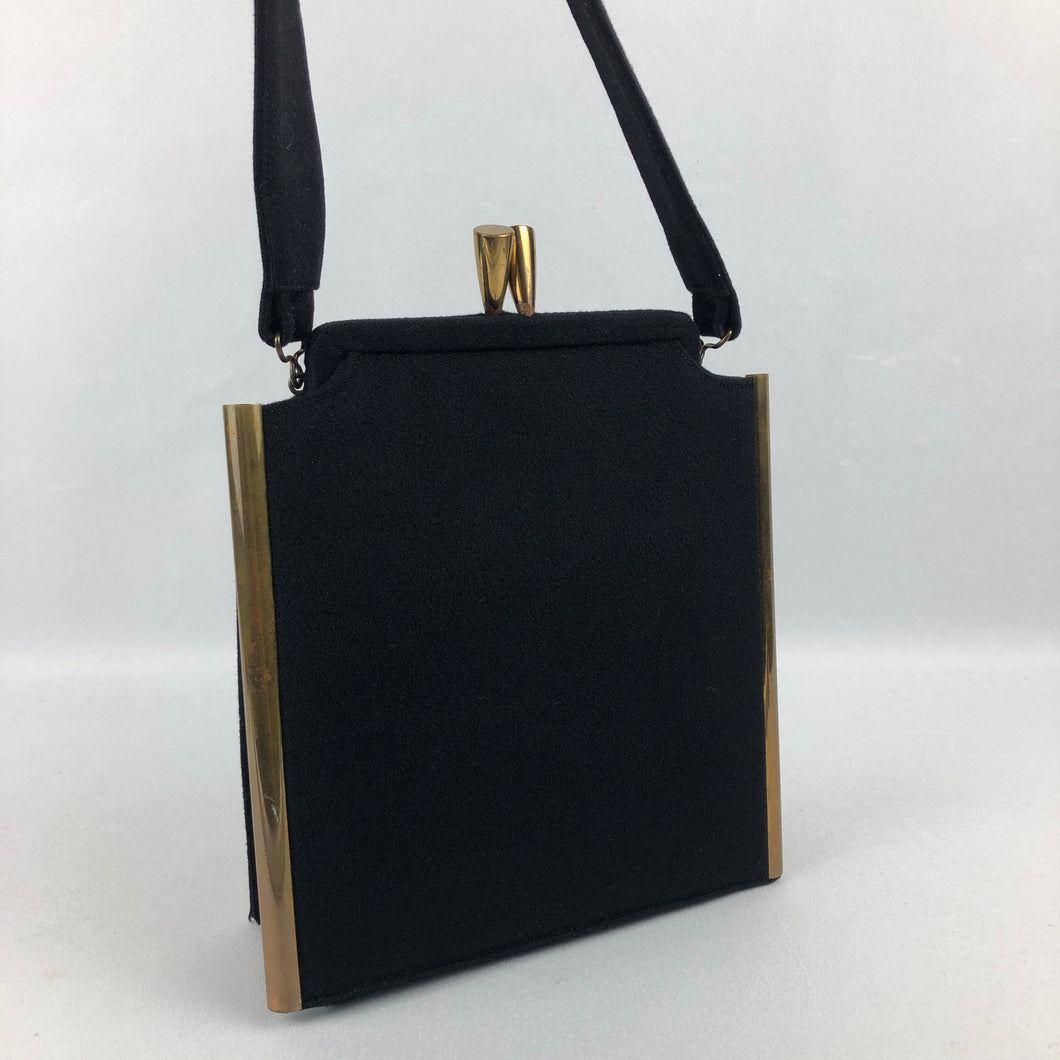 1940s Black Box Bag with Gold Metal Trim