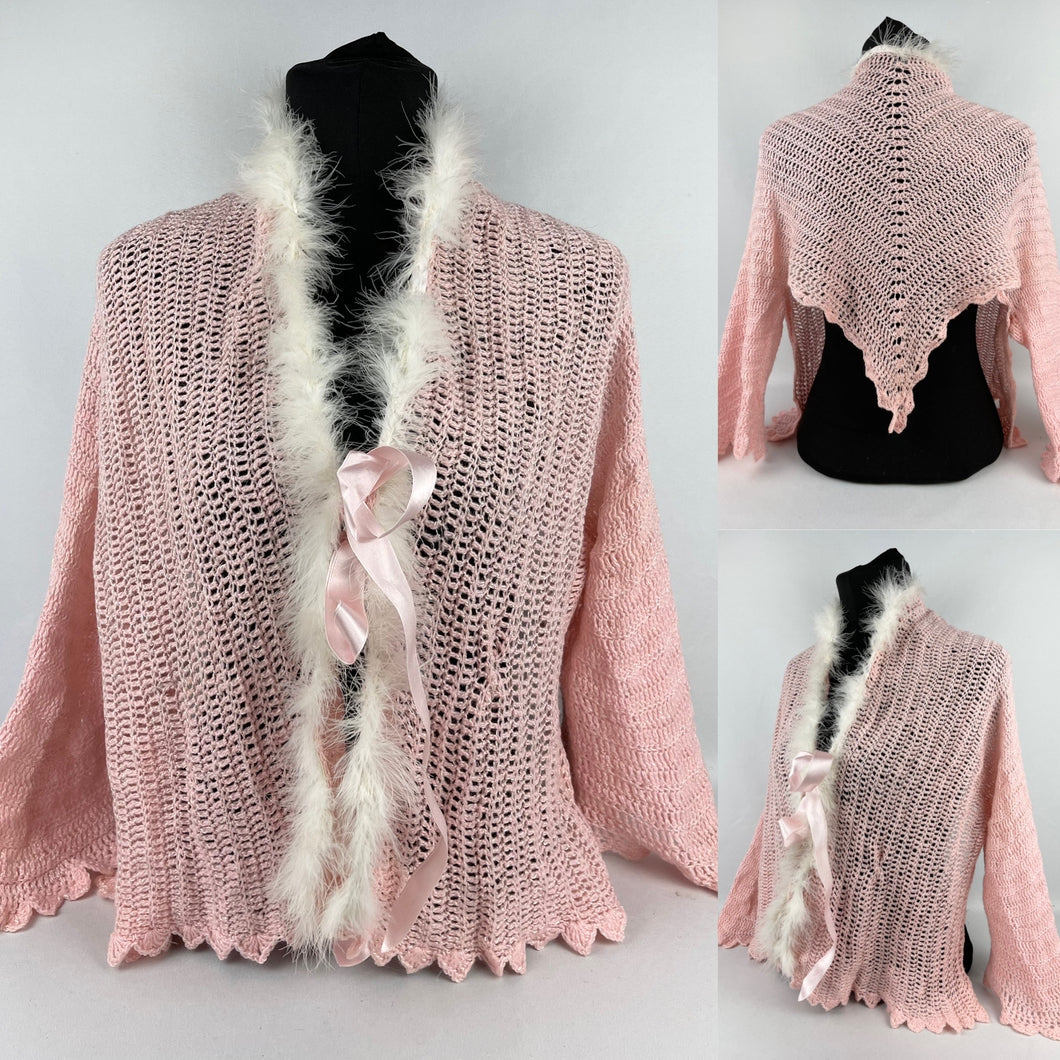 Original 1930s Crochet Bed Jacket with Marabou Feather Trim