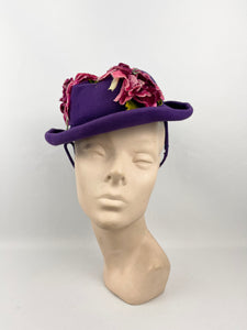 Original 1940s Rich Purple Felt Hat with Cerise Pink Velvet Flower Trim *
