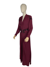 Load image into Gallery viewer, Original 1940&#39;s Burgundy Satin Backed Crepe Sequined Evening Dress with Tie Belt by Crompton Perry - Bust 38 40 42

