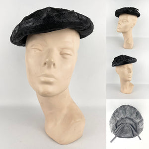 Original 1950's Shiny Black Straw Petal Hat with Grosgrain Bow Trim *
