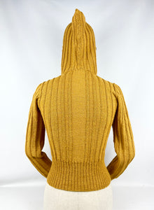 1930's Reproduction Hand Knitted Long Sleeved Hooded Cardigan in Mustard Alpaca Wool With Novelty Hat Buttons - Bust 34 35