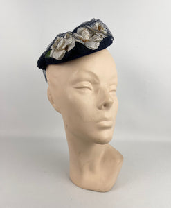 Original 1940's Blue Felt Topper Hat with Net and White Floral Trim *