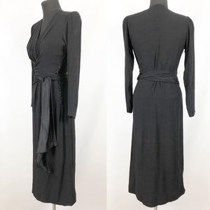 1930s 1940s Wounded but Wearable Black Satin Backed Crepe Dress - Bust 36 38