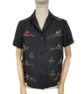 Original 1930's or 1940's Black Linen Blouse with Beautiful Vibrant Embroidery - Bust 38"