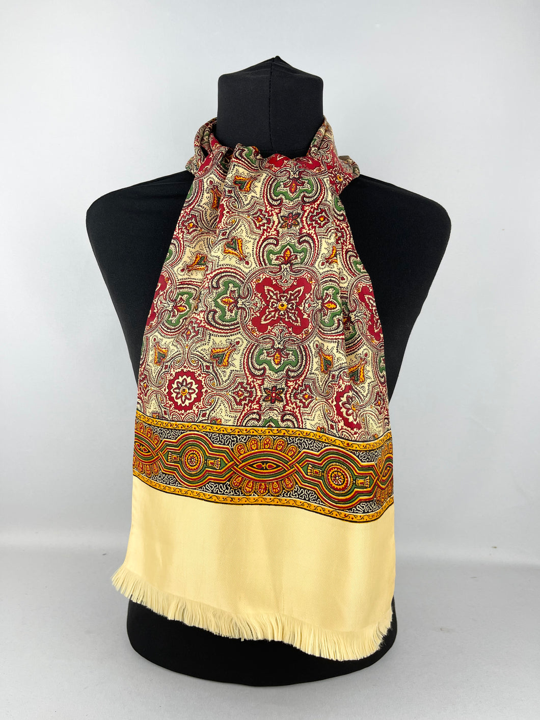 1940's Rayon Gents Scarf in Mustard, Red and Green with Fringing