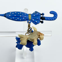 Load image into Gallery viewer, Original 1940&#39;s Brooch Featuring a Pair of Scottie Dogs Hanging From a Blue and White Polka Dot Umbrella
