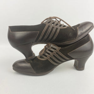Wounded But Wearable Original 1930s Brown Leather and Suede Lace Up Shoes - Uk Size 6