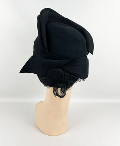 Original 1940's Inky Black Felt Hat with Fabulous Shaping and Net Trim