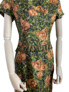 Original 1950's Fine Silk Dress in Green and Brown Autumnal Print - Stylish Piece - Bust 35 36