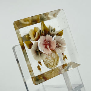 Original 1940s 1950s Reverse Carved Square Shaped Lucite Brooch with a Cluster Flowers in a Vase