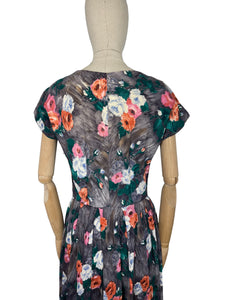 Original 1950's Grey Floral Crinkle Crepe Dress with Crossover Front - Bust 34 36 *