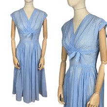 Load image into Gallery viewer, Original 1950&#39;s Blue and White Stripe Sundress with Bow Detail - Bust 34 35
