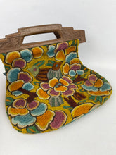 Load image into Gallery viewer, Original 1920’s Crewel Work Wool Bag with Birds and Flowers - Pretty Carved Wooden Handles

