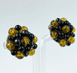 Vintage 1950's German Made Black and Gold Glass Clip-on Earrings