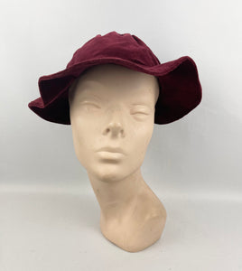 Original 1930’s Burgundy Cotton Velvet Hat - Neat Little Bonnet Shape