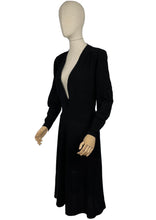 Load image into Gallery viewer, Original Late 1930&#39;s Inky Black Wool Dress with Zip Sleeves and Plunging Neckline by Dorothy&#39;s of Tulsa - Bust 40 42
