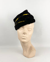 Load image into Gallery viewer, Original 1940s Dark Brown Velvet Topper Hat with Mustard Velvet Trim
