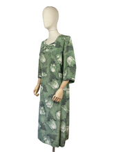 Load image into Gallery viewer, Original Volup 1930s Green Silk Crepe Dress with Black and White Bold Floral Print - Bust 40 42
