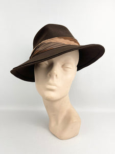 Original 1940's American Made Dark Brown Felt Fedora with Stripe Trim - Draper Saks