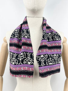 Original 1930's Vibrant Crepe Scarf or Headscarf in Purple, Magenta, Black and White - Great Christmas Gift