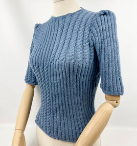 1940's Reproduction Rib and Cable Knit Jumper in Soft Blue - Bust 36 38 40
