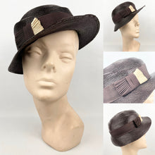 Load image into Gallery viewer, Original 1930s Chocolate Brown Lacquered Straw Hat With Cream Grosgrain Trim
