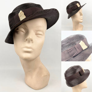 Original 1930s Chocolate Brown Lacquered Straw Hat With Cream Grosgrain Trim