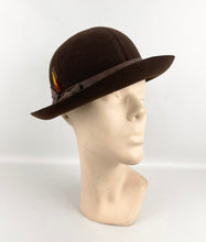 Load image into Gallery viewer, Original 1930&#39;s Little Bunty Chocolate Brown Felt Hat with Feather and Grosgrain Trim
