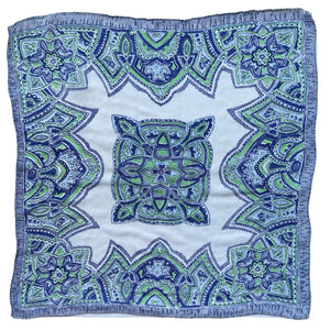 Original 1940's or 1950's Pure Silk Hankie in Green and Blue Celtic Design on White - Great Gift Idea