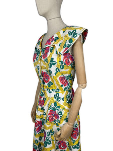 Original 1950's Novelty Print Dress of Roses in Picture Frames - Bust 36 37 38 *