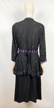Load image into Gallery viewer, Original Late 1930s or Early 1940s Black Crepe Tunic Dress with Metal Trim - Bust 38 40
