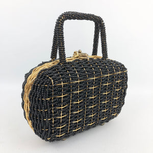 1960s Hong Kong Made Black Beaded Bag with Gold Coloured Frame