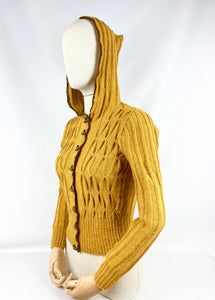 1930's Reproduction Hand Knitted Long Sleeved Hooded Cardigan in Mustard Alpaca Wool With Novelty Hat Buttons - Bust 34 35