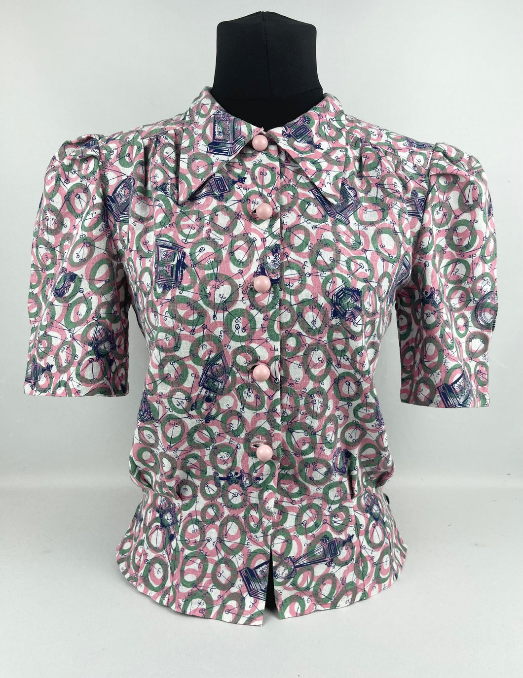 1940's Reproduction Novelty Print Blouse with Clocks and Clock Hands with Spherical Pink Buttons Made From an Original 1940's Feed Sack - Bust 34