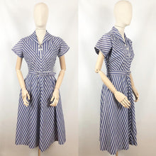 Load image into Gallery viewer, 1940s 1950s Navy and White Stripe Dress By Norman Hartnell for Berkertex - Bust 36 38
