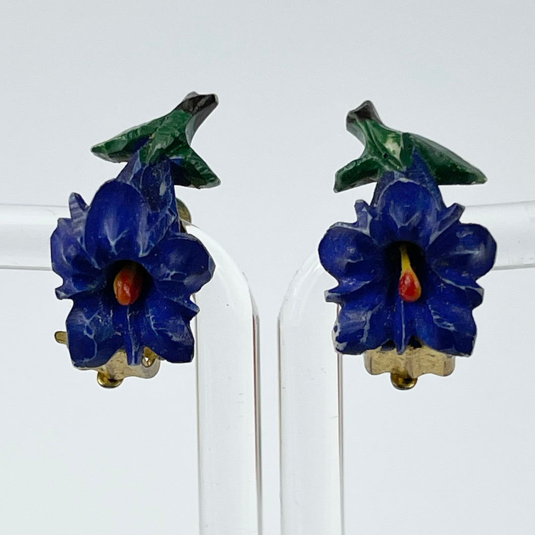 Vintage 1940's or 1950's Gentian Violet Clip on Earrings in Deep Blue