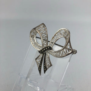 Vintage Sterling Silver Filigree Bow Brooch Set with Cut Steel