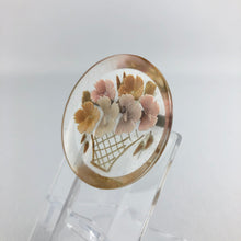 Load image into Gallery viewer, Original 1940s Reverse Carved Circular Lucite Brooch with a Basket of Flowers *
