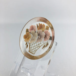 Original 1940s Reverse Carved Circular Lucite Brooch with a Basket of Flowers *