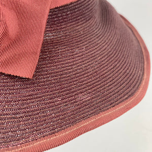 Original Late 1930s Burgundy Straw Hat with Large Grosgrain Bow Trim