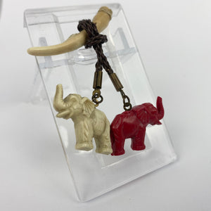Original 1940s Red and White Early Plastic Elephants and Tusk Brooch