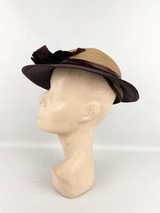 Original 1930's Two Tone Straw Hat with Brown Satin Ribbon Trim *