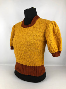 Reproduction 1930s Short Sleeved Jumper in Mustard and Rust - Bust 34 35 36