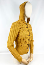 Load image into Gallery viewer, 1930&#39;s Reproduction Hand Knitted Long Sleeved Hooded Cardigan in Mustard Alpaca Wool With Novelty Hat Buttons - Bust 34 35
