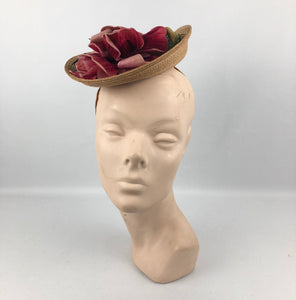 1940s Natural Straw Hat With Large Pink Floral Decoration