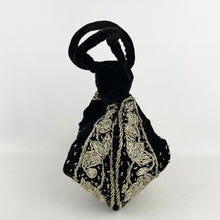 Load image into Gallery viewer, Vintage Black Velvet Evening Bag with Metallic Silver Embroidery
