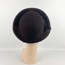 Load image into Gallery viewer, Original 1930&#39;s or 1940&#39;s Dark Brown Felt Hat by Jacoll with Net Trim *
