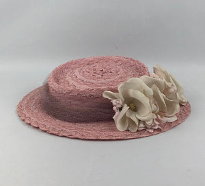 1940s Pink Straw Hat with Floral Trim and Net